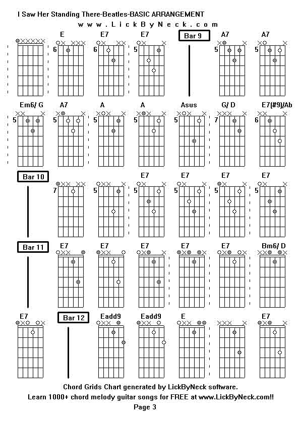 Chord Grids Chart of chord melody fingerstyle guitar song-I Saw Her Standing There-Beatles-BASIC ARRANGEMENT,generated by LickByNeck software.